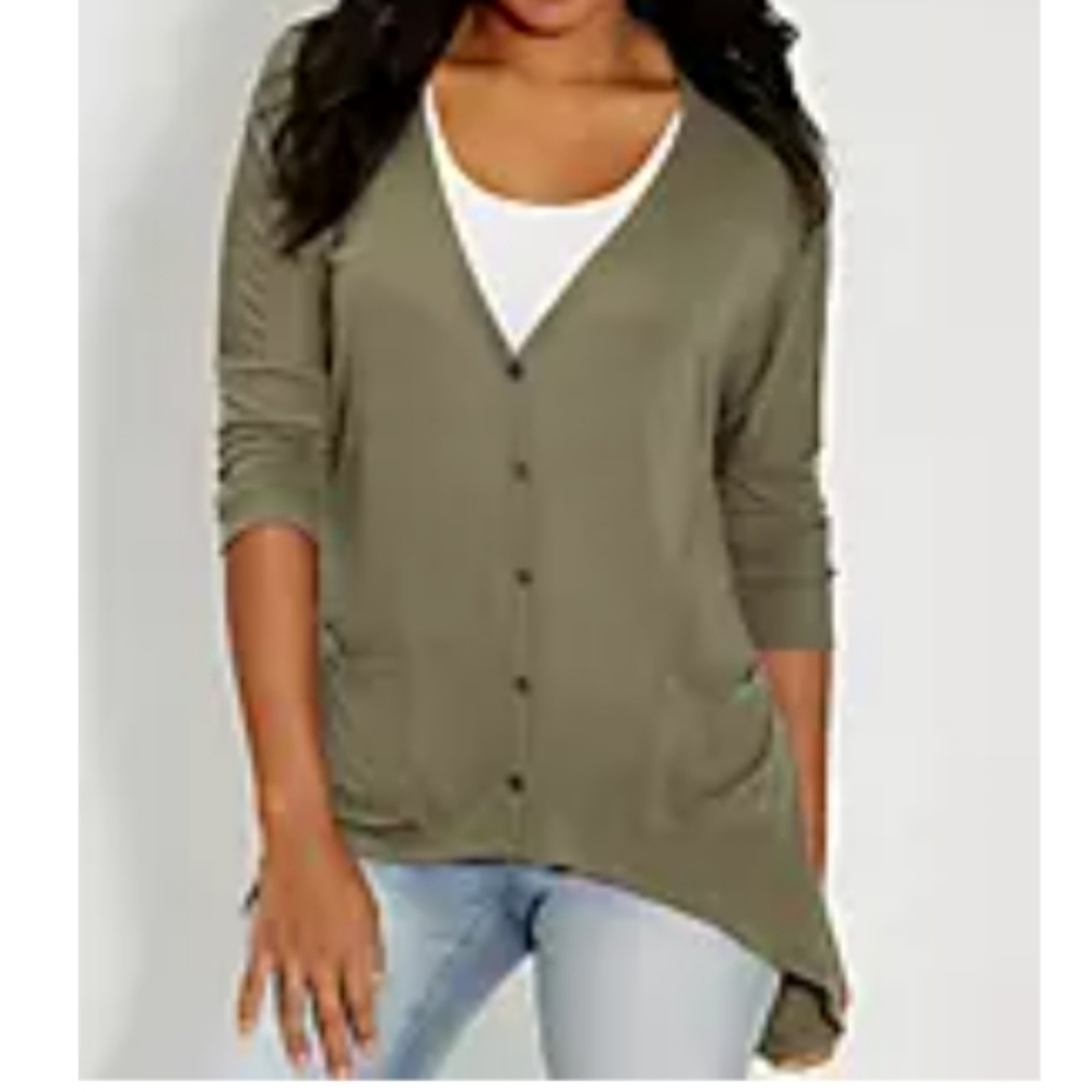 Maurices cardigan shark bite hem elbow sleeves buttons lightweight olive green S